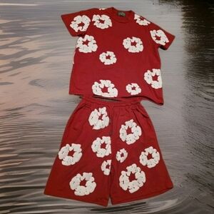 DENIM TEARS Men's Red & White Set with Floral Graphic Print Sz 2xl.